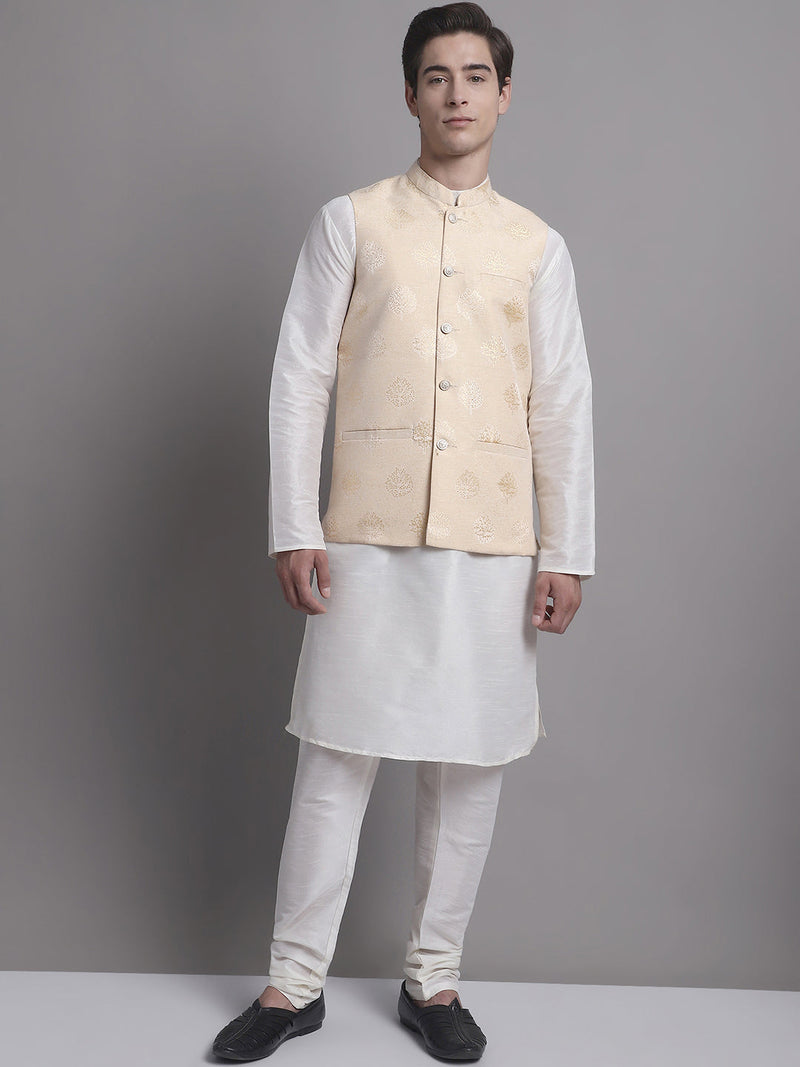 Men's Cream Printed Nehru Jacket With Solid Kurta Pyjama.