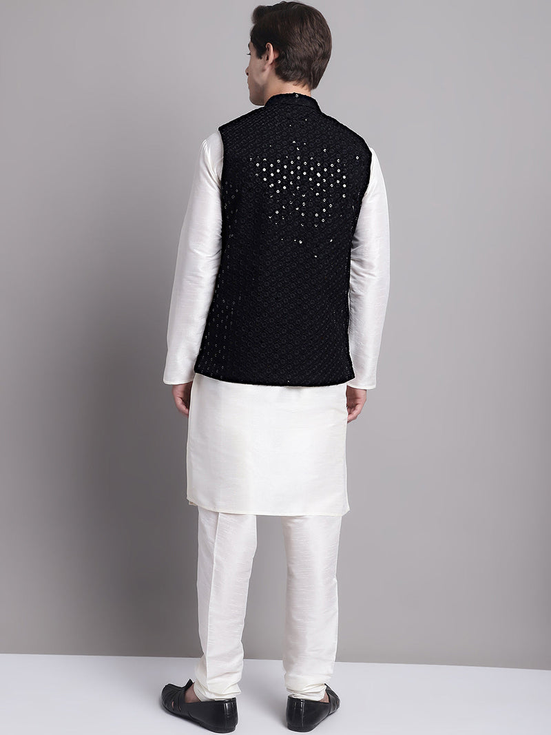 Men's Black Sequins and Embroidred Nehru Jacket With Solid Kurta Pyjama.