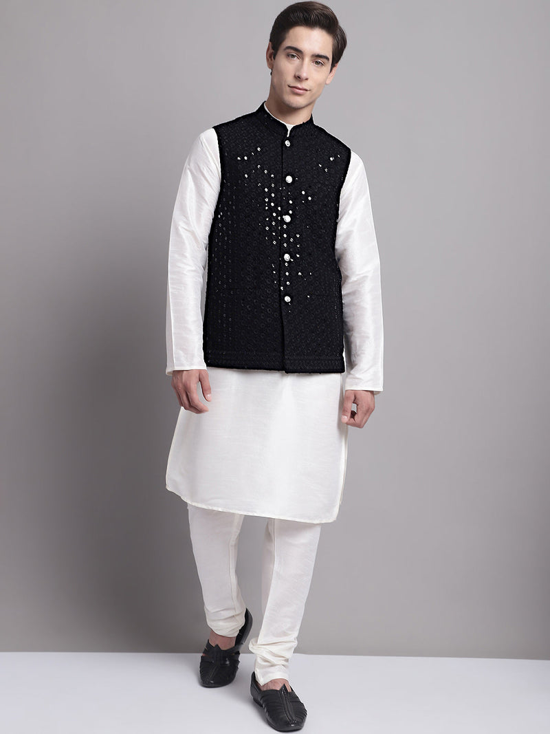 Men's Black Sequins and Embroidred Nehru Jacket With Solid Kurta Pyjama.