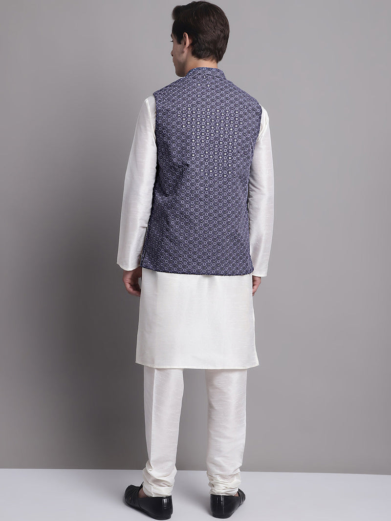 Men's Grey Sequins and Embroidred Nehru Jacket With Solid Kurta Pyjama.