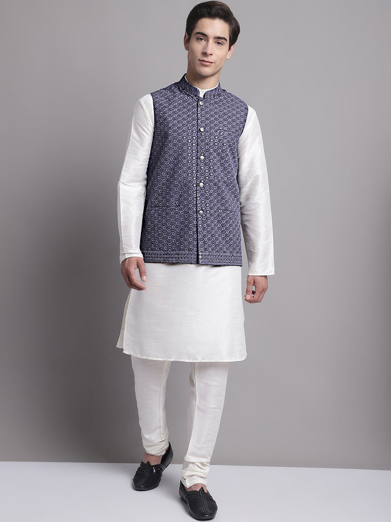 Men's Grey Sequins and Embroidred Nehru Jacket With Solid Kurta Pyjama.