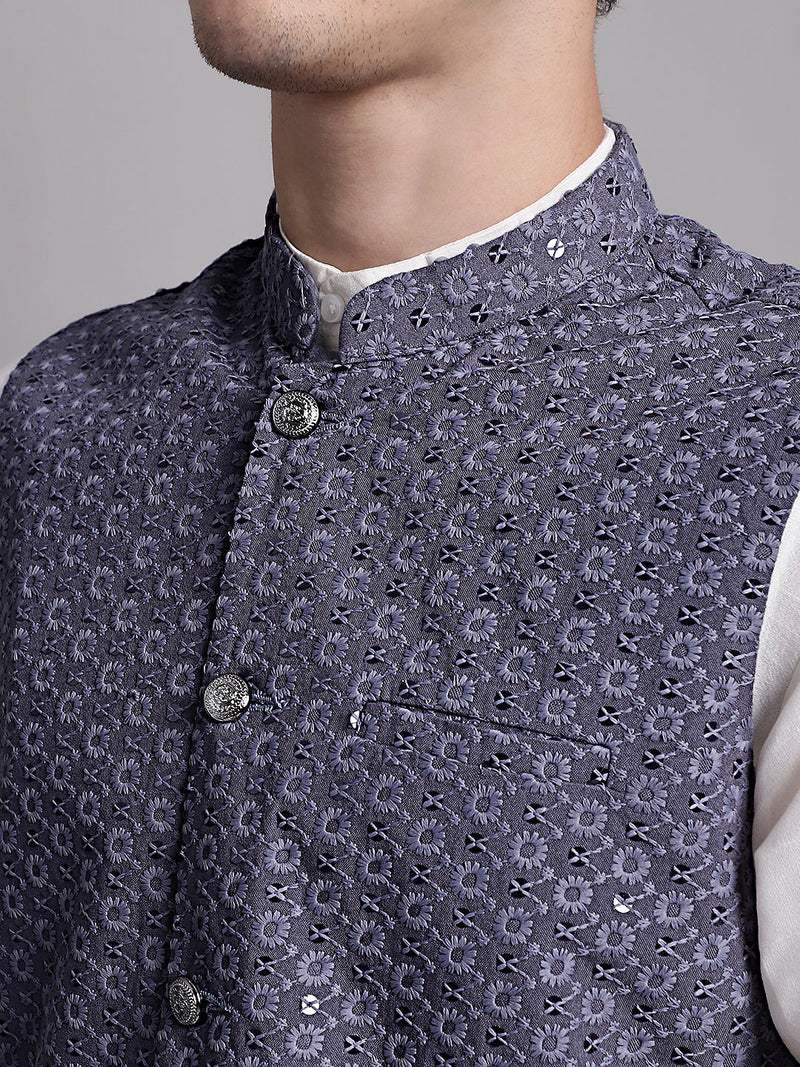 Men's Grey Sequins and Embroidred Nehru Jacket With Solid Kurta Pyjama.