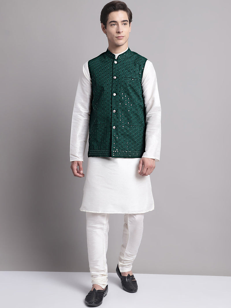 Men's Olive Green Sequins and Embroidred Nehru Jacket With Solid Kurta Pyjama.