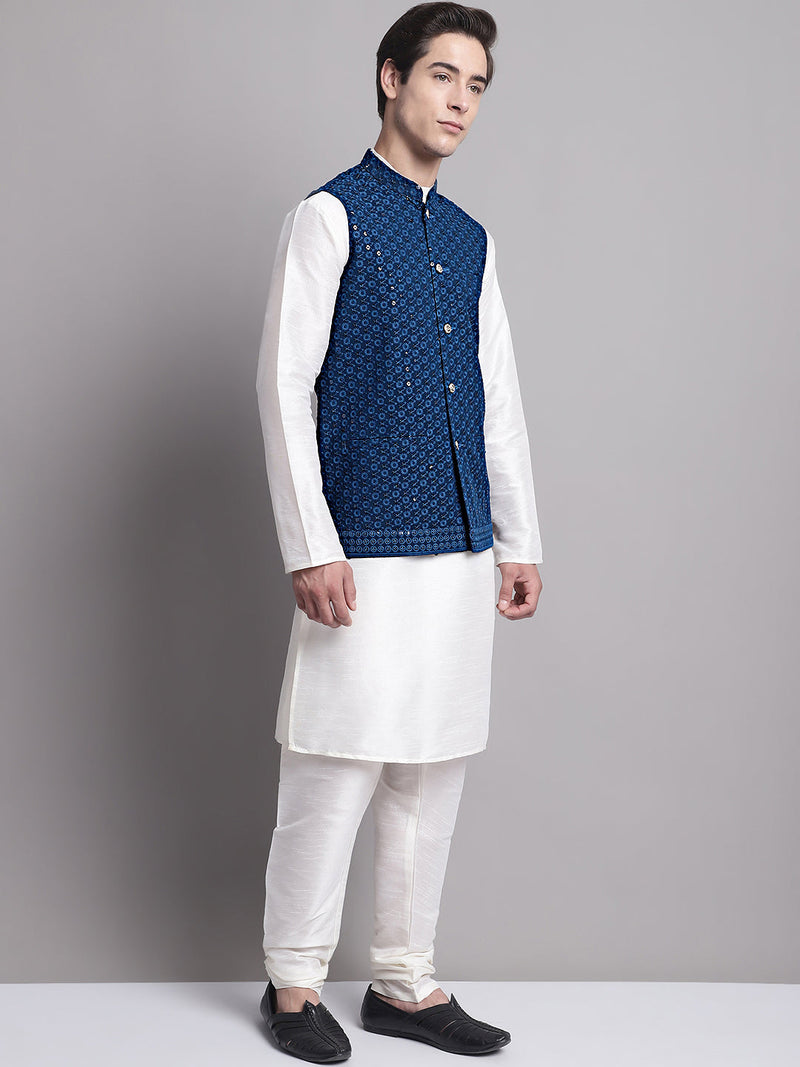 Men's Peacock Blue Sequins and Embroidred Nehru Jacket With Solid Kurta Pyjama.