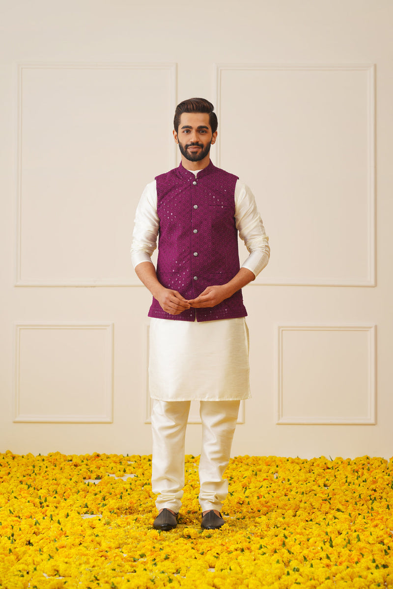 Men's Purple Sequins and Embroidred Nehru Jacket With Solid Kurta Pyjama.