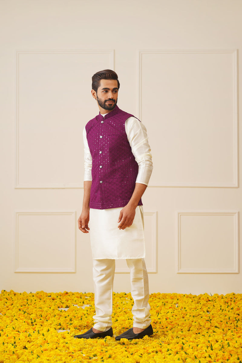 Men's Purple Sequins and Embroidred Nehru Jacket With Solid Kurta Pyjama.