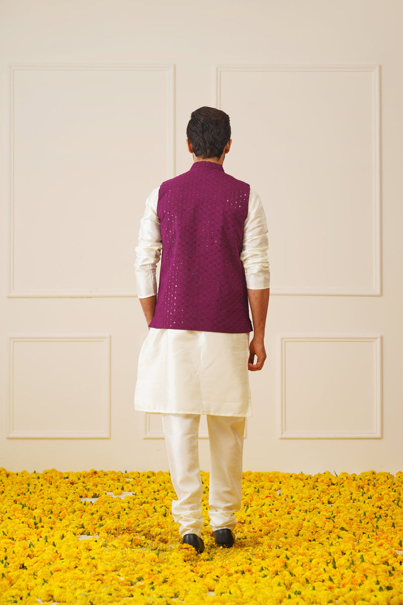 Men's Purple Sequins and Embroidered Nehru Jacket