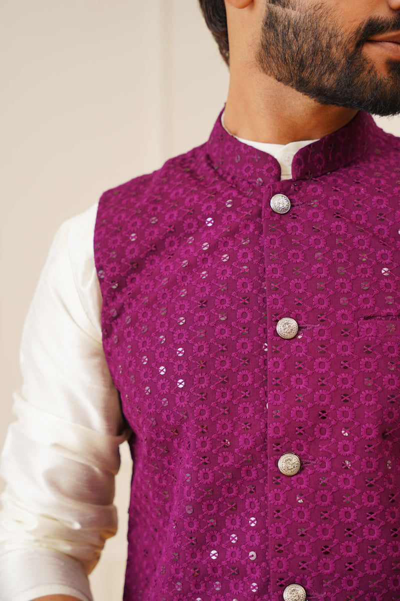 Men's Purple Sequins and Embroidered Nehru Jacket