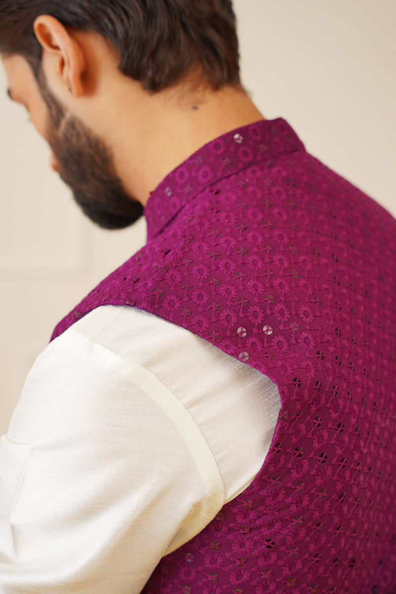 Men's Purple Sequins and Embroidred Nehru Jacket With Solid Kurta Pyjama.