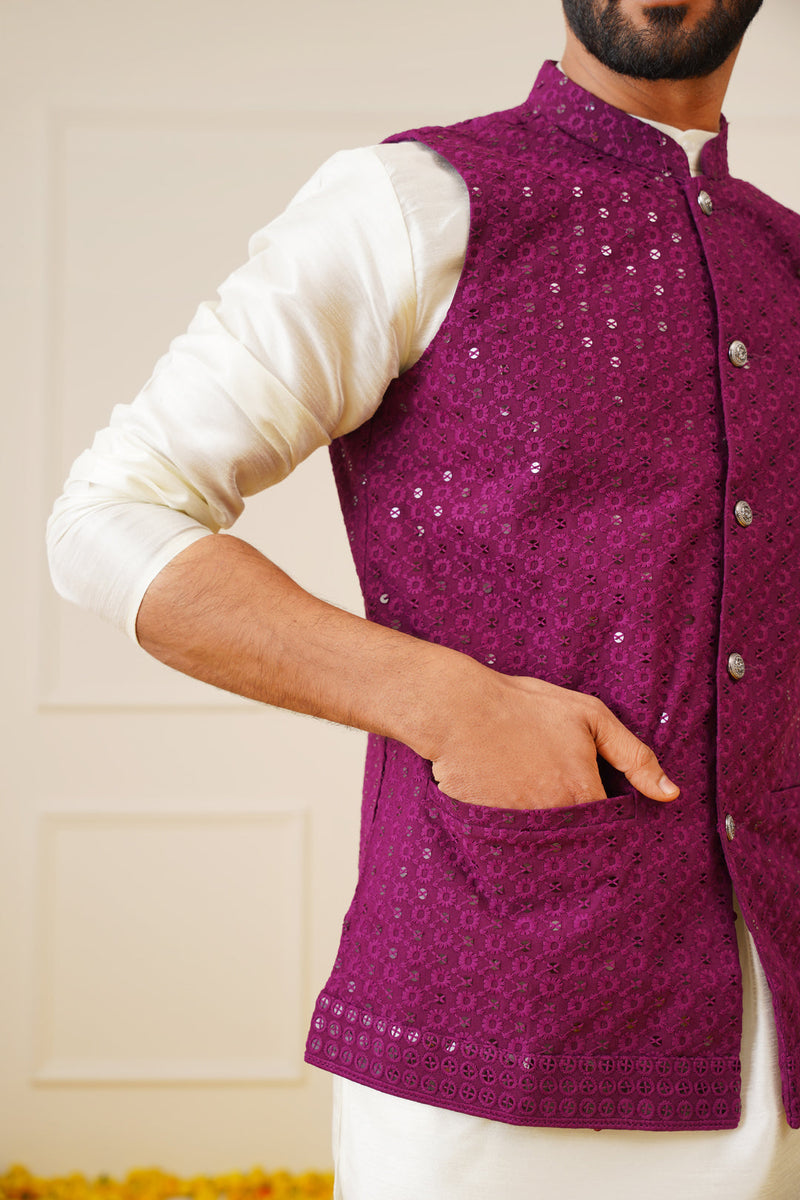 Men's Purple Sequins and Embroidred Nehru Jacket With Solid Kurta Pyjama.