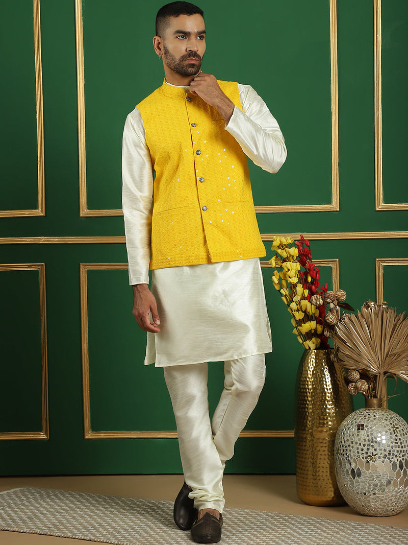 Men's Sequins and Embroidred Nehru Jacket With Solid Kurta Pyjama