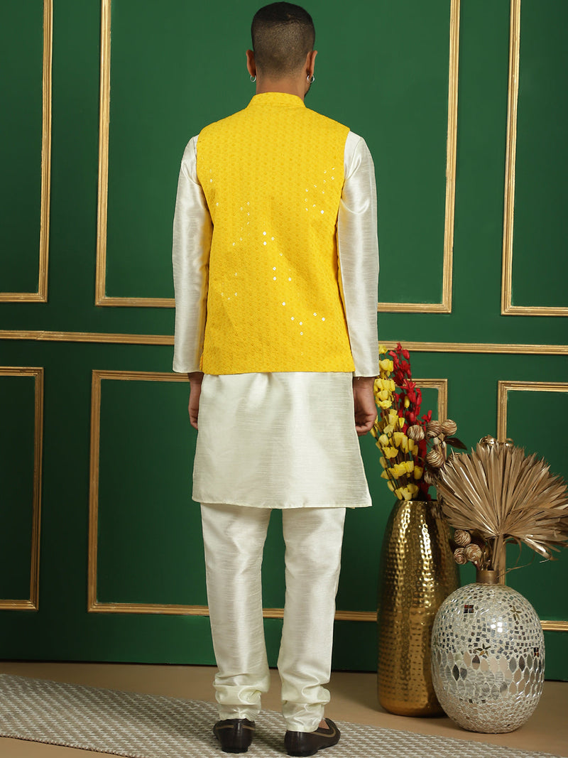 Men's Sequins and Embroidred Nehru Jacket With Solid Kurta Pyjama