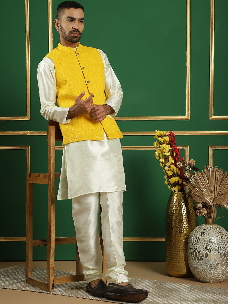 Men's Sequins and Embroidred Nehru Jacket With Solid Kurta Pyjama