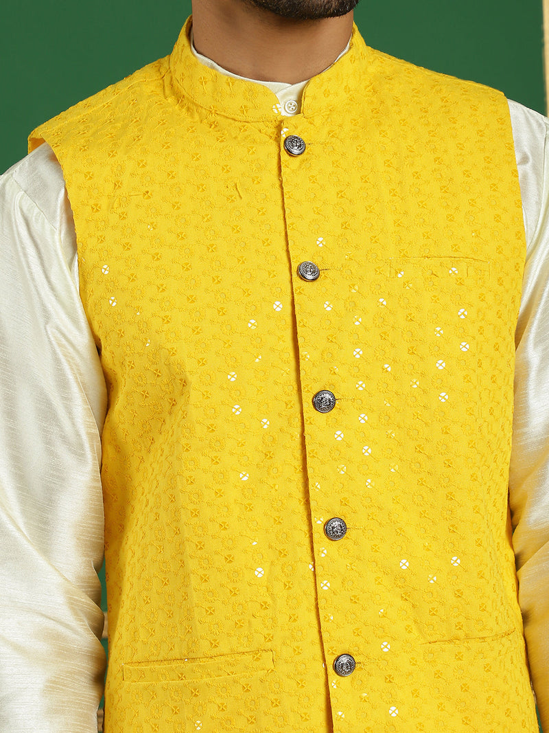 Men's Sequins and Embroidred Nehru Jacket With Solid Kurta Pyjama