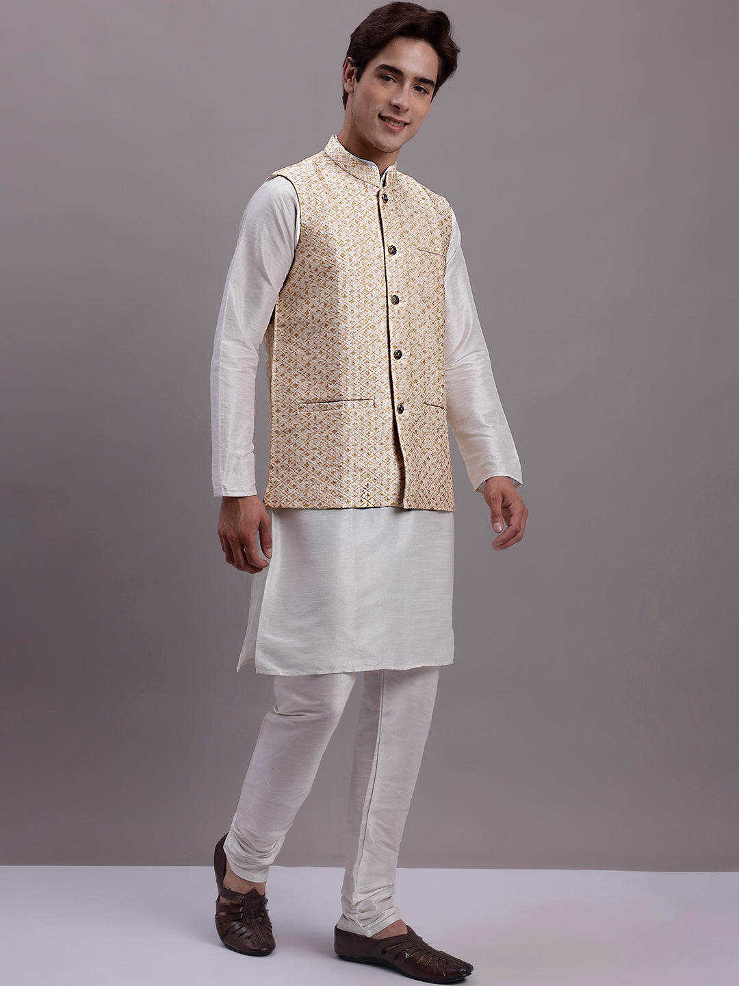 Men's Cream Woven Design Nehru Jacket With Solid Kurta Pyjama.