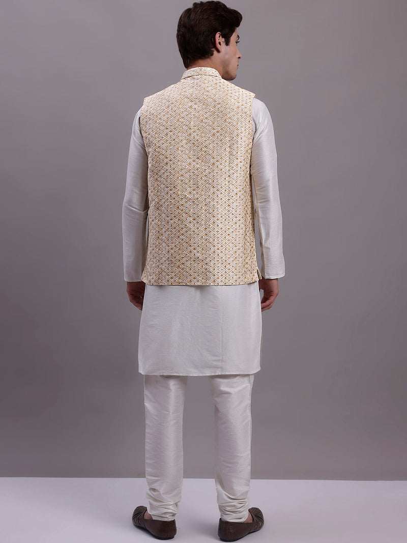 Men's Cream Woven Design Nehru Jacket With Solid Kurta Pyjama.