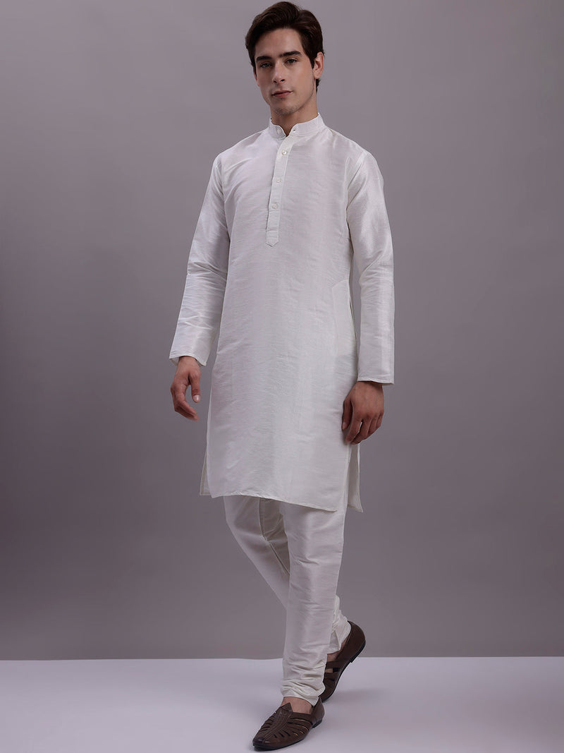 Men's Cream Woven Design Nehru Jacket With Solid Kurta Pyjama.