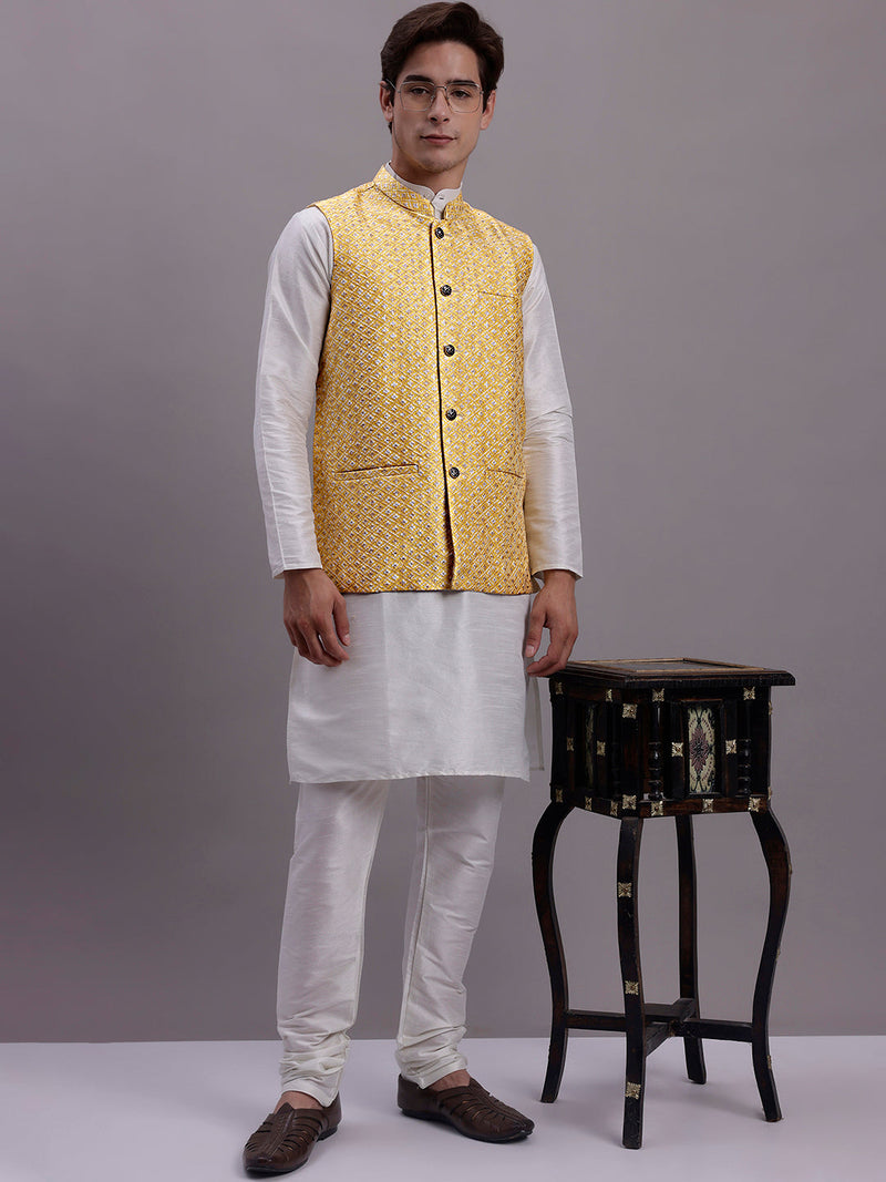 Men's Golden Woven Design Nehru Jacket With Solid Kurta Pyjama.