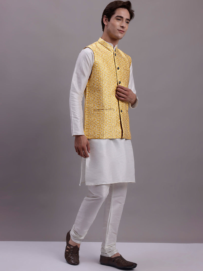 Men's Golden Woven Design Nehru Jacket With Solid Kurta Pyjama.