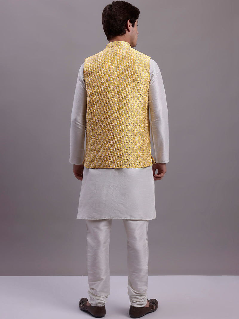 Men's Golden Woven Design Nehru Jacket With Solid Kurta Pyjama.