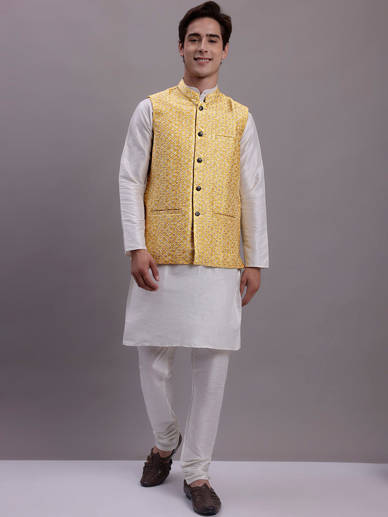 Men's Golden Woven Design Nehru Jacket With Solid Kurta Pyjama.