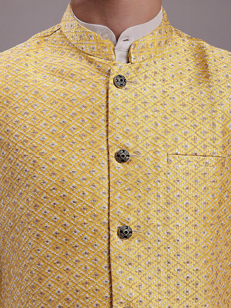 Men's Golden Woven Design Nehru Jacket With Solid Kurta Pyjama.