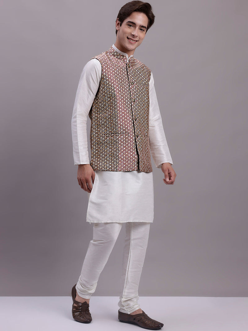 Men's Peach Woven Design Nehru Jacket With Solid Kurta Pyjama.