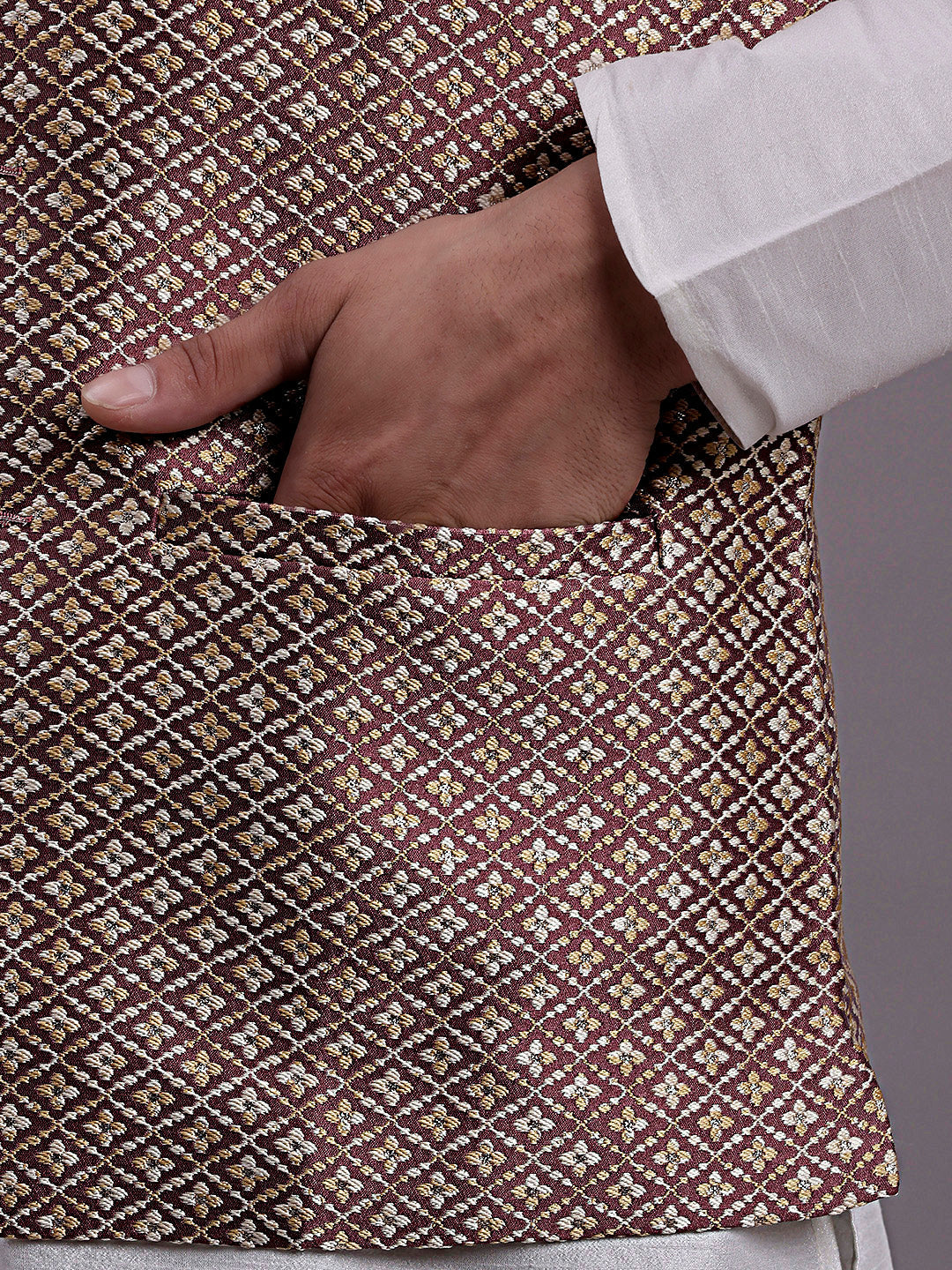 Men's Peach Woven Design Nehru Jacket With Solid Kurta Pyjama.