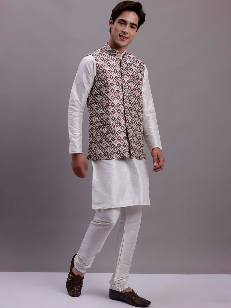 Men's Purple Woven Design Nehru Jacket With Solid Kurta Pyjama.