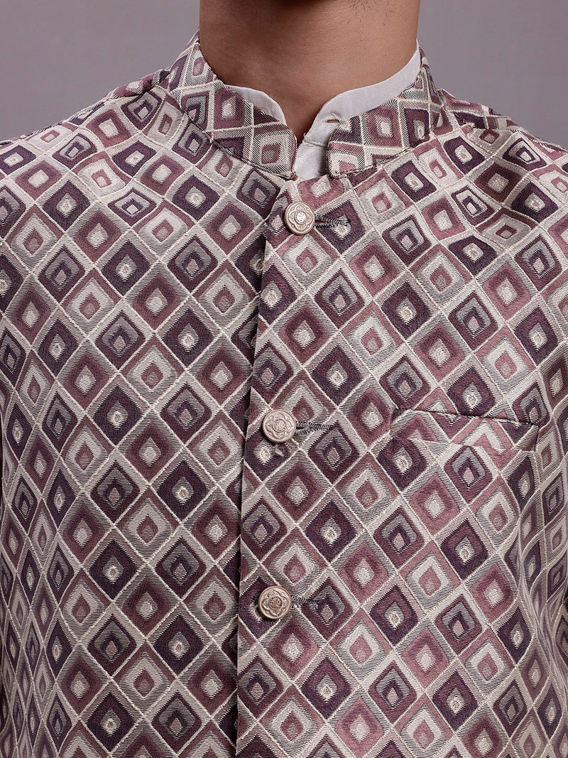 Men's Purple Woven Design Nehru Jacket With Solid Kurta Pyjama.