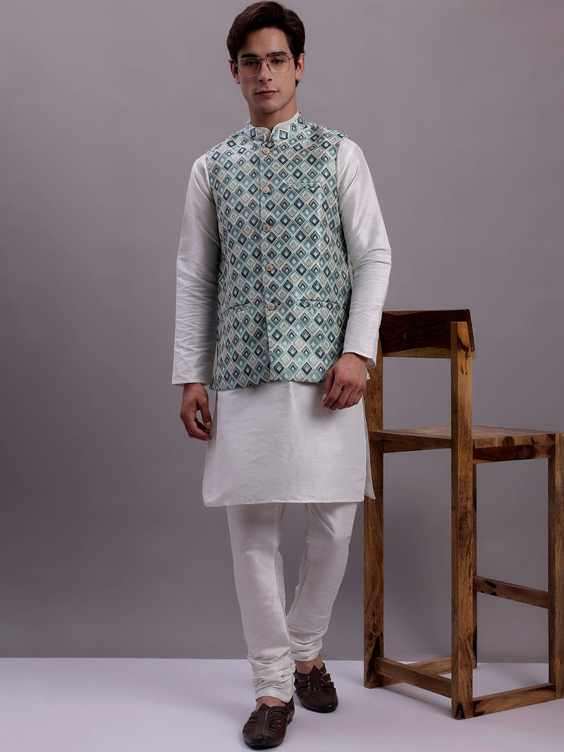 Men's Turquoise Blue Woven Design Nehru Jacket With Solid Kurta Pyjama.