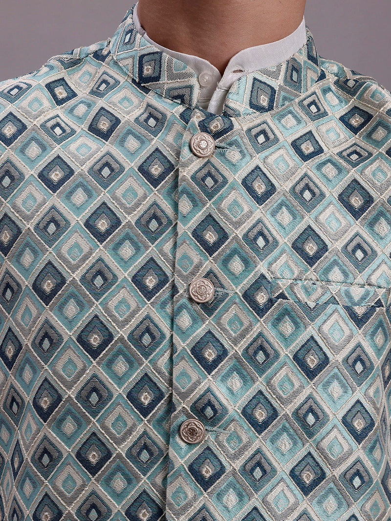 Men's Turquoise Blue Woven Design Nehru Jacket With Solid Kurta Pyjama.