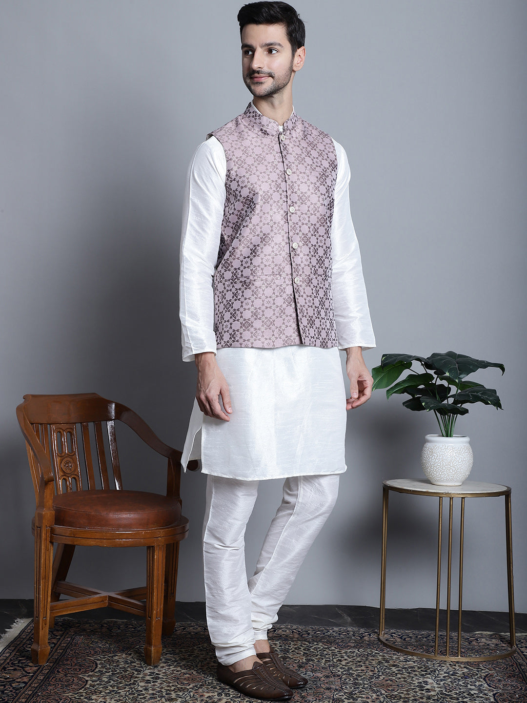 Men's Woven Design Nehru Jacket With Kurta Pyjama Set