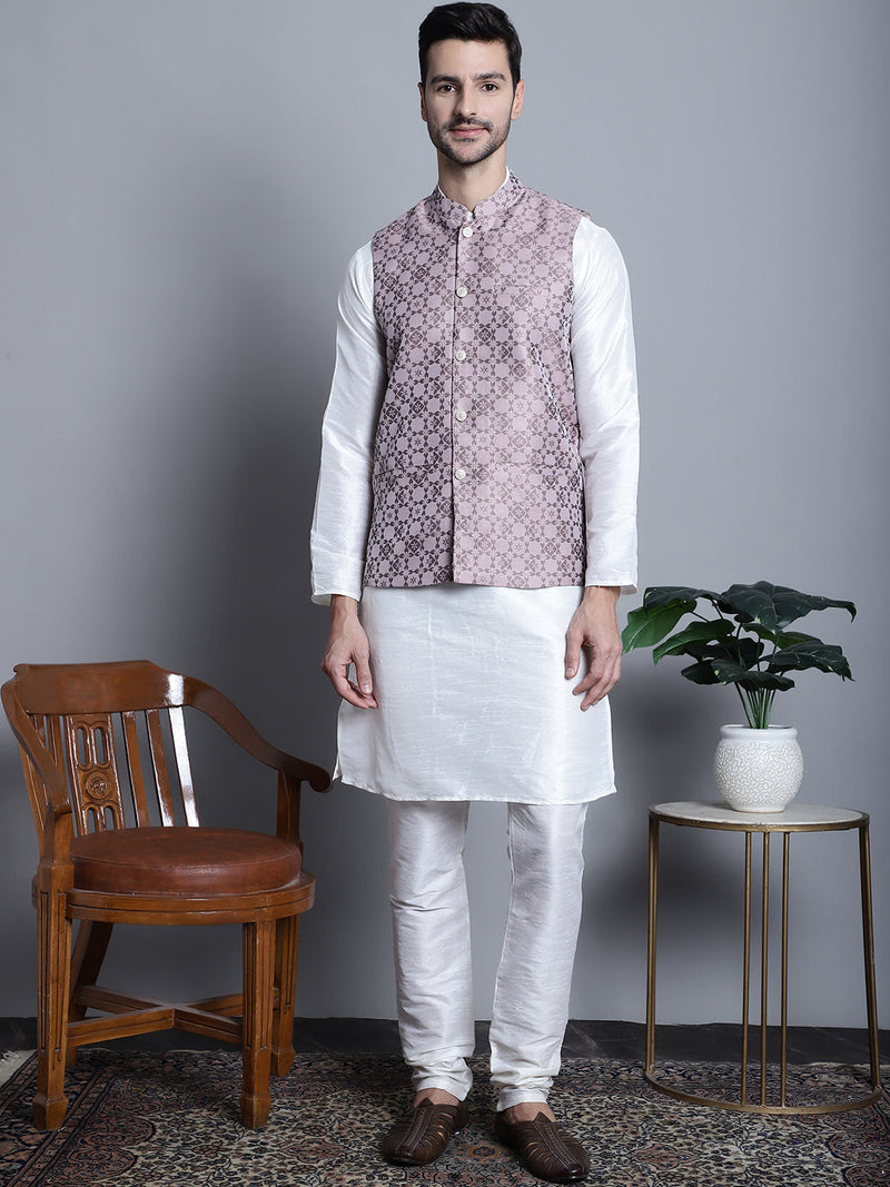 Men's Woven Design Nehru Jacket With Kurta Pyjama Set