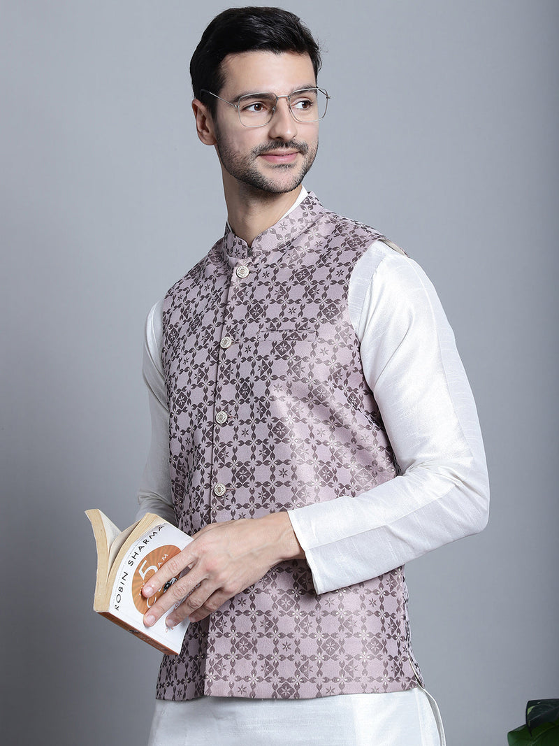 Men's Woven Design Nehru Jacket With Kurta Pyjama Set