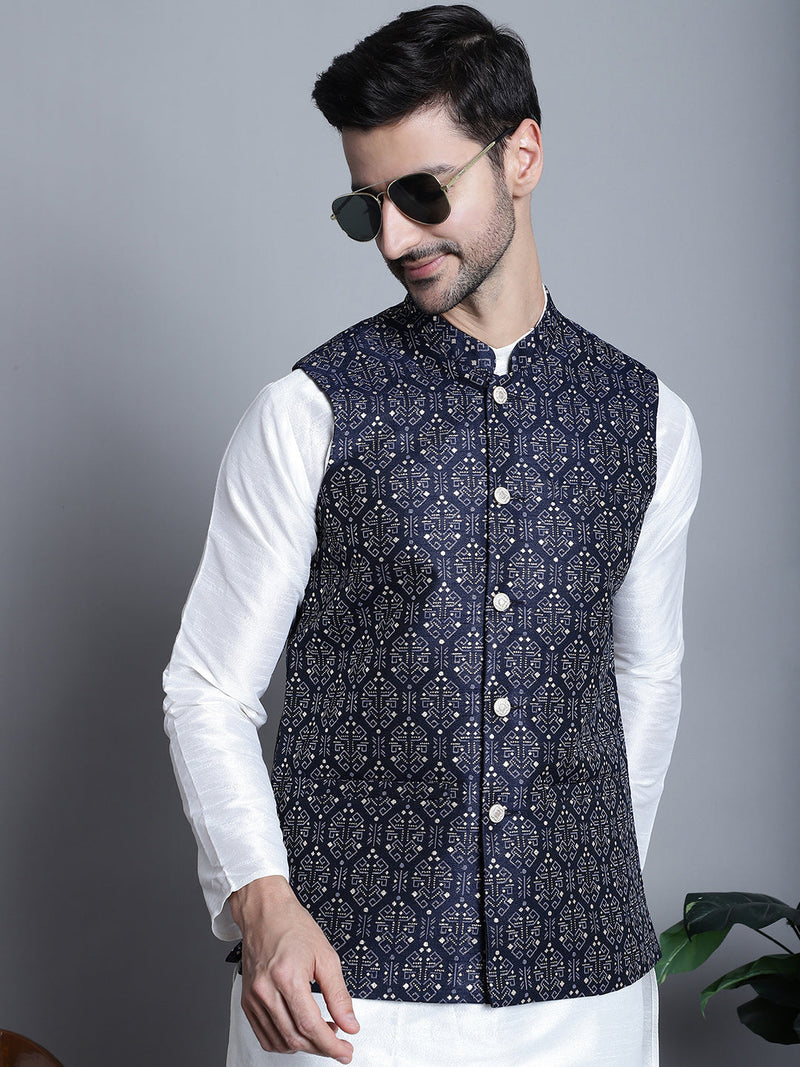 Men's Printed Nehru Jacket With Kurta Pyjama Set