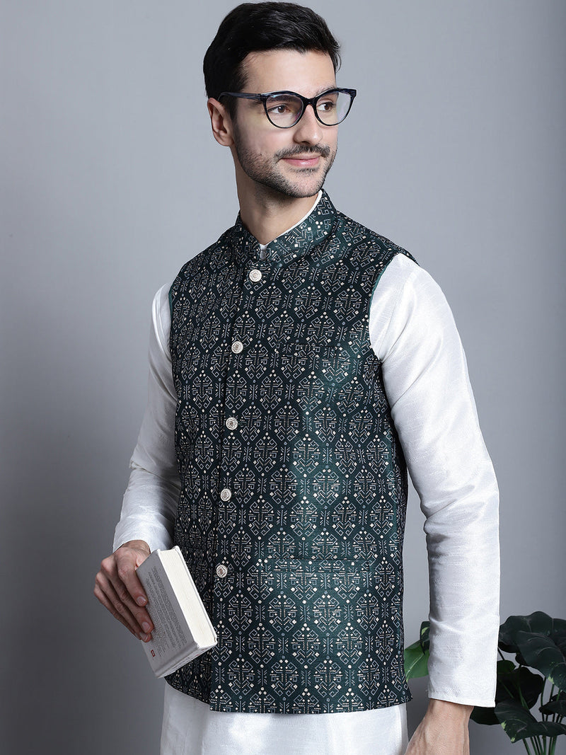 Men's Printed Nehru Jacket With Kurta Pyjama Set