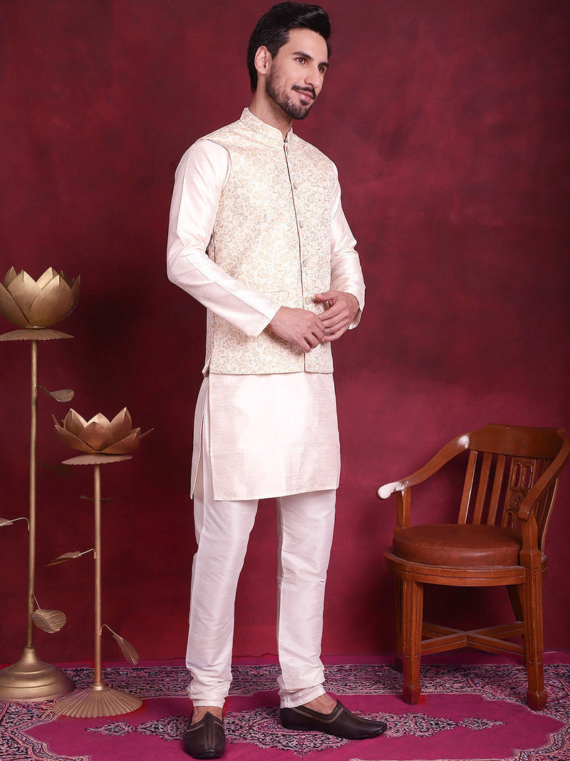 Woven Design Nehru Jacket With Kurta Pyjama Set ( JOKPWC 636W 4087 Cream )