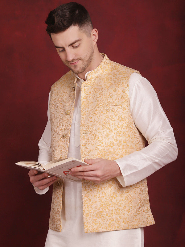 Golden Woven Design Nehru Jacket With Kurta Pyjama Set ( JOKPWC 636W 4087Golden )