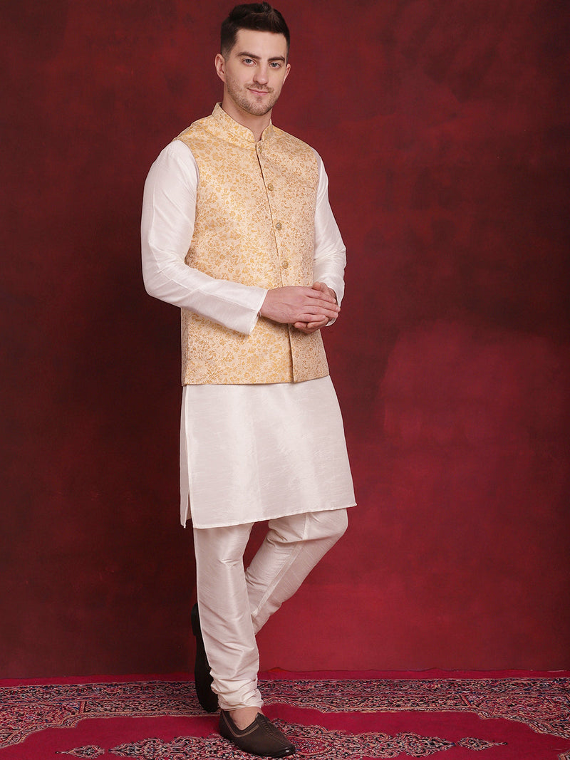 Golden Woven Design Nehru Jacket With Kurta Pyjama Set ( JOKPWC 636W 4087Golden )