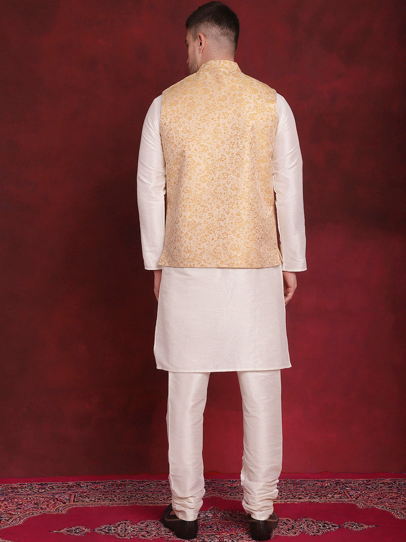 Golden Woven Design Nehru Jacket With Kurta Pyjama Set ( JOKPWC 636W 4087Golden )