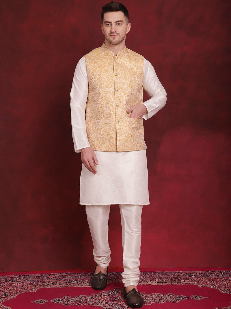 Golden Woven Design Nehru Jacket With Kurta Pyjama Set ( JOKPWC 636W 4087Golden )