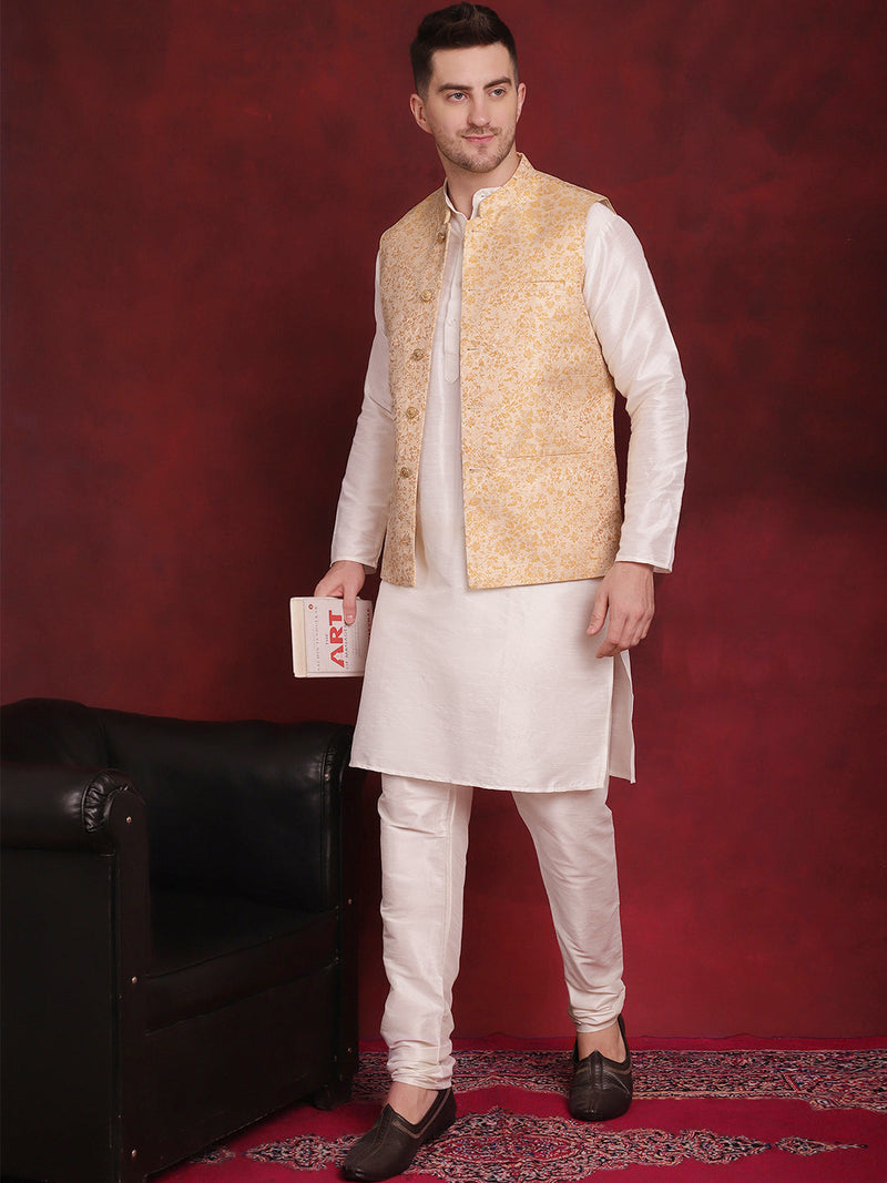 Golden Woven Design Nehru Jacket With Kurta Pyjama Set ( JOKPWC 636W 4087Golden )