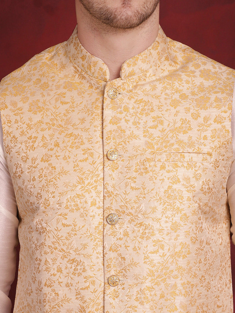 Golden Woven Design Nehru Jacket With Kurta Pyjama Set ( JOKPWC 636W 4087Golden )