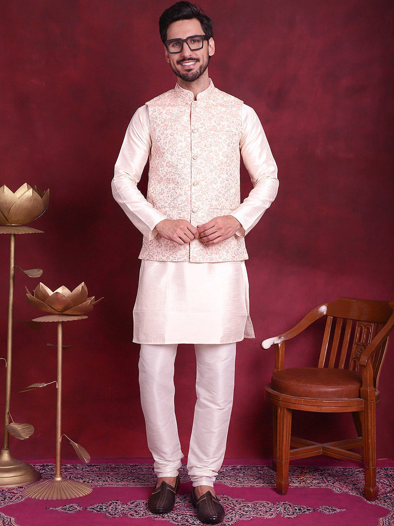 Woven Design Nehru Jacket With Kurta Pyjama Set ( JOKPWC 636W 4087 Pink )