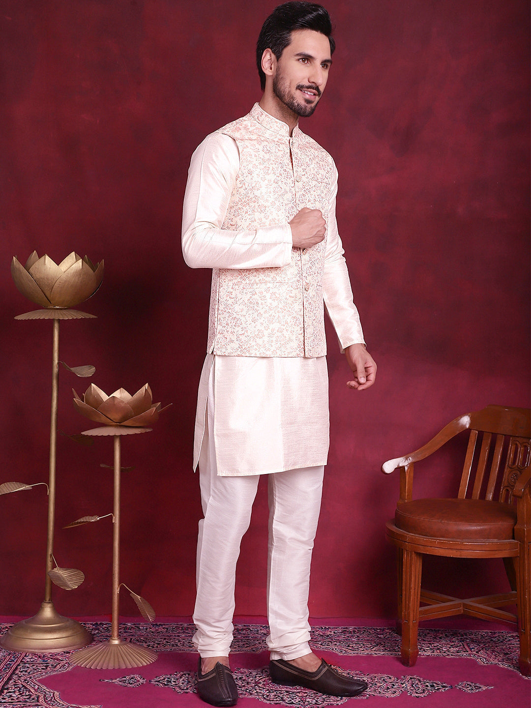 Woven Design Nehru Jacket With Kurta Pyjama Set ( JOKPWC 636W 4087 Pink )