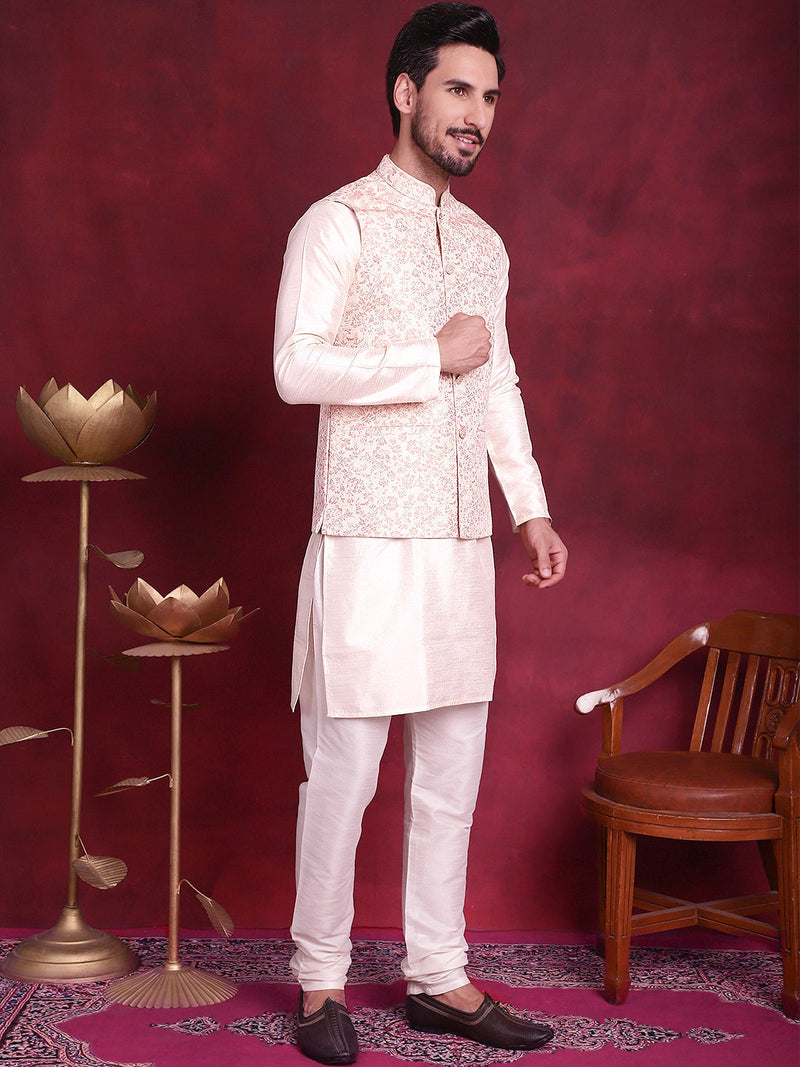 Woven Design Nehru Jacket With Kurta Pyjama Set ( JOKPWC 636W 4087 Pink )