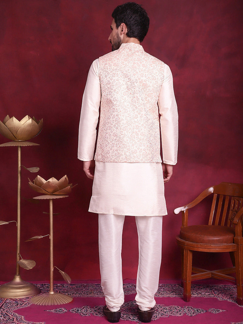 Woven Design Nehru Jacket With Kurta Pyjama Set ( JOKPWC 636W 4087 Pink )