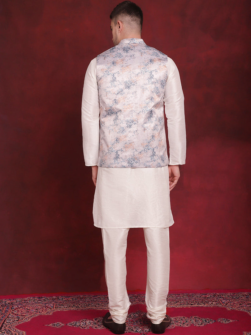 Silver Floral Printed Nehru Jacket With Kurta Pyjama Set ( JOKPWC 636W 4090Silver )