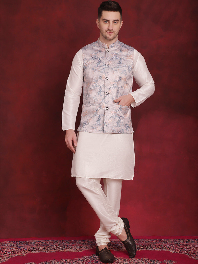 Silver Floral Printed Nehru Jacket With Kurta Pyjama Set ( JOKPWC 636W 4090Silver )